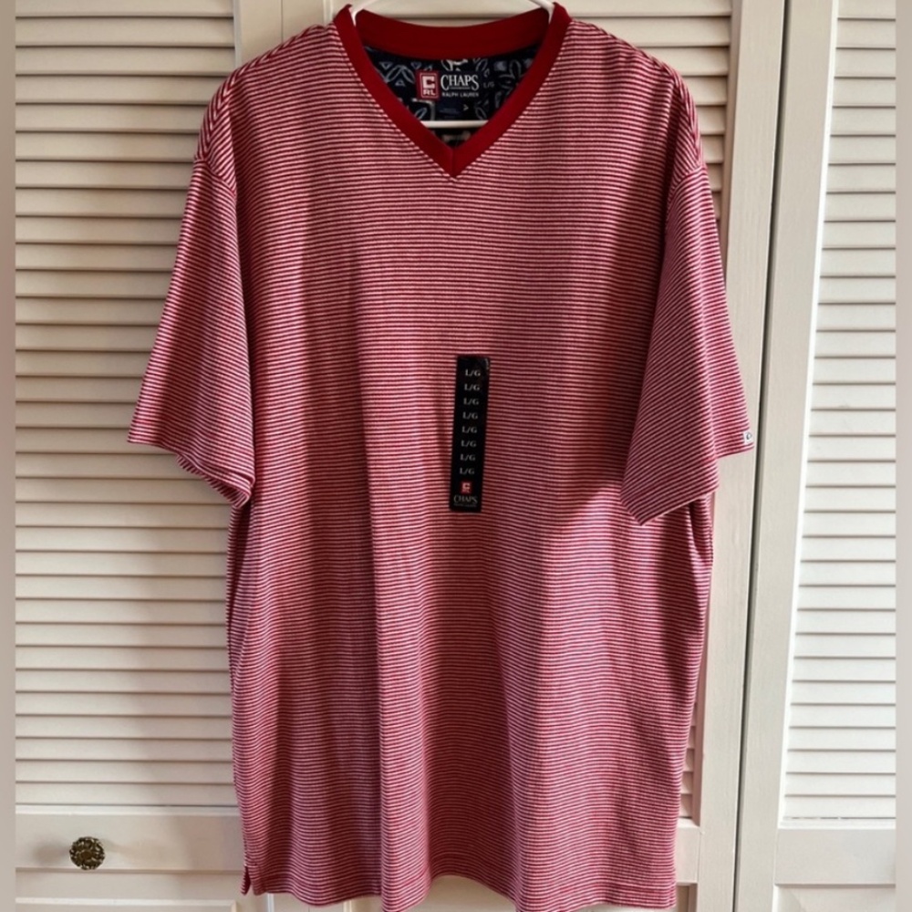 Chaps Ralph Lauren V Neck Short Sleeve Shirt Red/White Stripe Men's Size L NWT